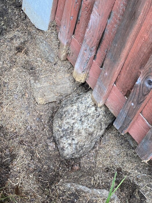Nedre hörn av förrådsvägg med rödfärgad träpanel och tecken på möjlig nedbrytning nära marken. Stor sten syns vid basen.