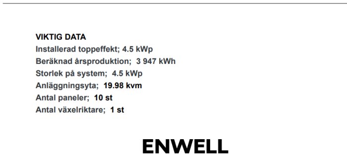 Offert för solcellsinstallation: 4.5 kWp toppkapacitet, 3947 kWh årlig produktion, 10 paneler, anläggningsyta 19.98 kvm, en växelriktare.