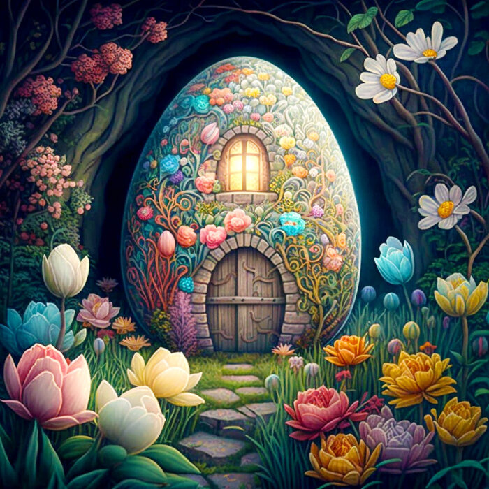 Ett äggformat hus täckt av blommor, omgivet av en frodig trädgård med olika färgglada blommor.
