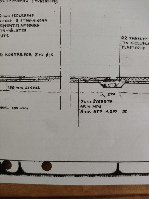 Ritning av ett golv med 150 mm singel under ett 22 mm parkettlager, diskuterar om det håller för ett gym. Visar detaljerad lageruppbyggnad.