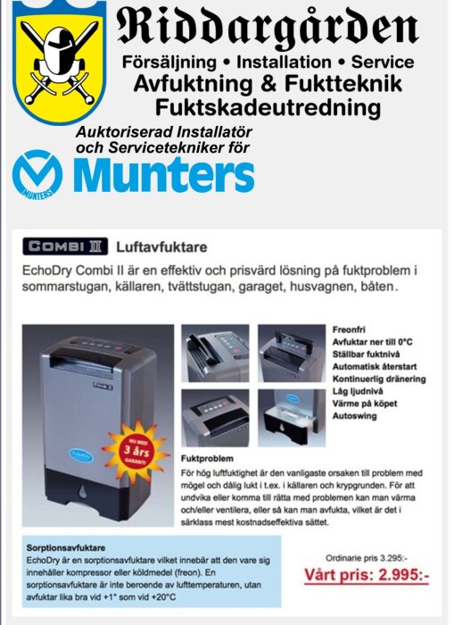 EchoDry Combi II avfuktare med funktioner och specifikationer som automatisk återstart och ställbar fuktnivå, säljs för 2.995 kr med 3 års garanti.