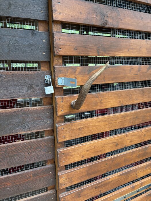 Vedbodsdörr med ett bockhorn monterat som handtag, omgiven av träpanel och låsbeslag.