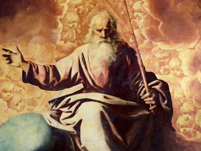 Målning av gudalik figur med långt vitt skägg, klädd i svepande klädnad, omgiven av moln och änglalika ansikten.