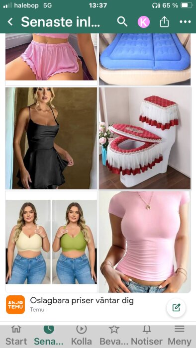 Olika produkter inklusive kläder och hushållsartiklar från Temu visas i en collage-annons.