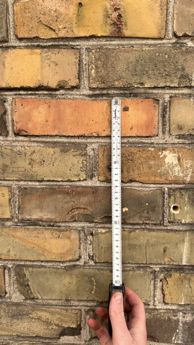 Mättejp mäter tegelväggen med varierande färger och hål; handen håller i mättejpen.