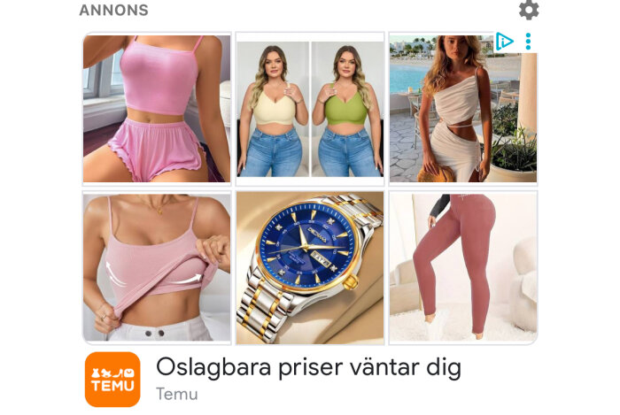 Annons med bilder på kläder och klocka: rosa set, olika toppar, blå och guld klocka, rosa-bruna leggings. Temu-logga och text "Oslagbara priser väntar dig.