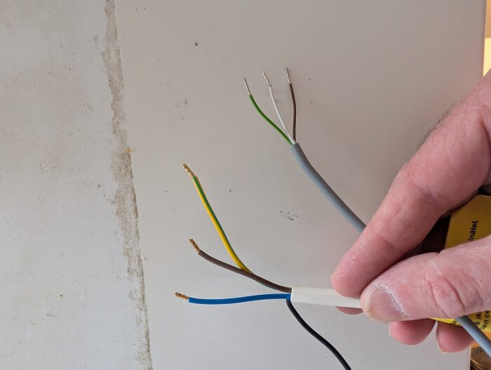 Kablar från en kökskåpa med olika färger, hållna i en hand. Bakgrunden är en vit vägg med en spricka.