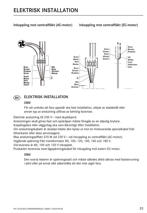 Diagram över elektrisk installation för köksfläktar, visar kopplingsmetoder för centralfläkt med AC-motor och EC-motor, med märkningar och färgkoder.