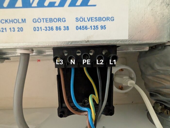 Elanslutning med fem positioner: L3, N, PE, L2, L1. Färgkablar kopplade: brun, blå, gul/grön. Kopplingsdonet ses under ett ventilationssystem.