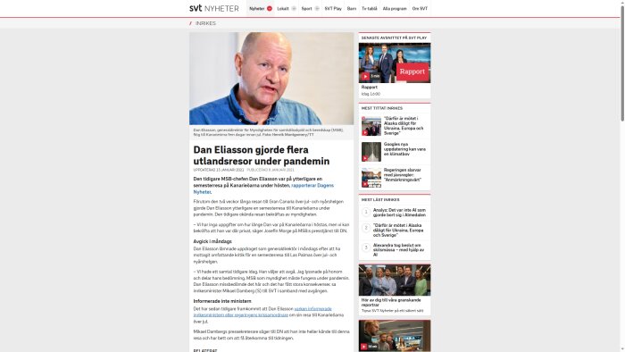 Artikel på SVT Nyheter om Dan Eliassons resor utomlands under pandemin.