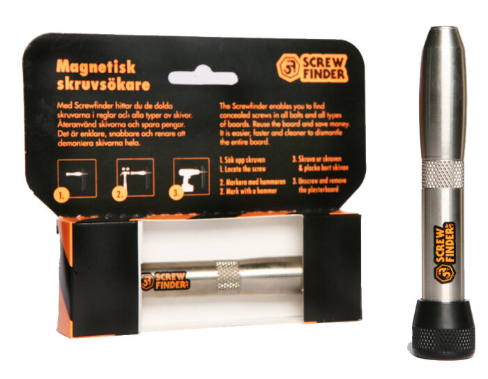 Magnetisk skruvsökare i förpackning från Screwfinder, används för att lokalisera dolda skruvar och underlätta demontering av skivor.