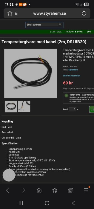 Temperaturgivare med kabel, 2 meter lång, modell DS18B20, visas på en produktsida med specifikationer och pris, kostar 69 kr.