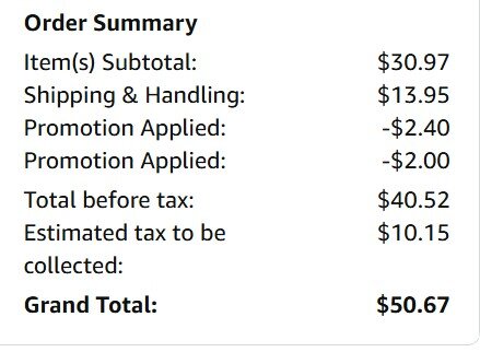 Orderöversikt från Amazon med subtotal $30.97, frakt $13.95, två rabatter, skatt $10.15 och totalt $50.67.