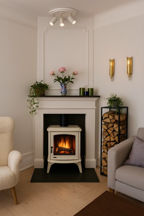 Öppen spis med ljus kamin, omgiven av dekorationer som blommor på manteln och ved i ställ vid sidan; modern sekelskiftesinspirerad inredning.