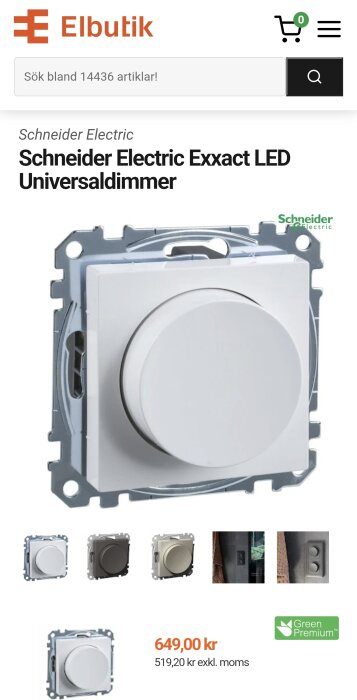 Schneider Electric Exxact LED Universaldimmer med vit vridknapp och metallram, pris 649 kr.