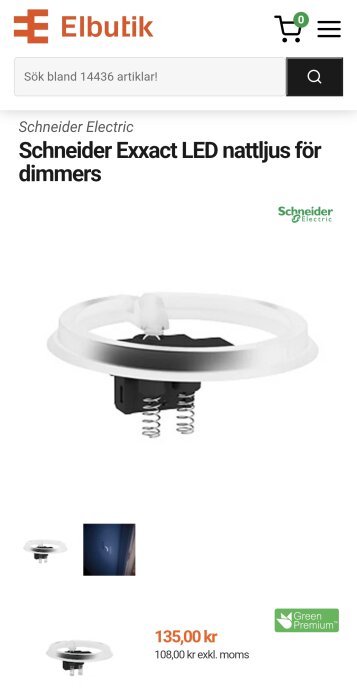 Schneider Exxact LED nattljus för dimmers, 135 kr, vit cirkulär design med fjädrar.
