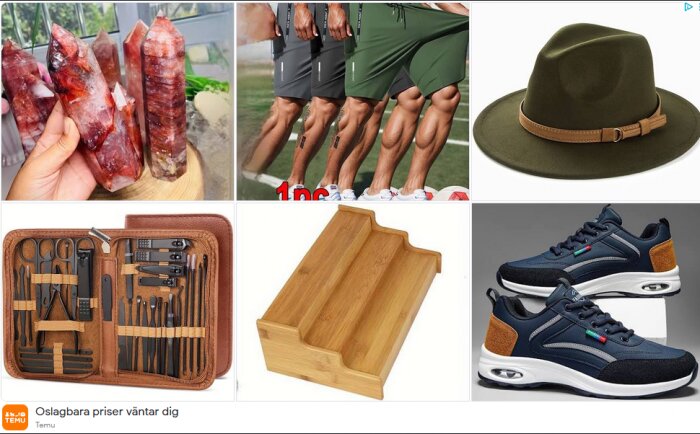 Bildcollage visar hand hållande röda kristaller, tränade mansben i shorts, grön hatt, nagelvårdset, trähylla och blå sneakers.