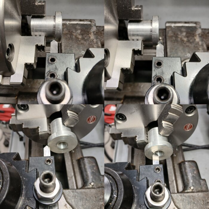 Bearbetning av metallbit i svarv, med slipat verktyg för att skapa gradning i 45⁰ vinkel och extra släppningsvinkel för små hål.