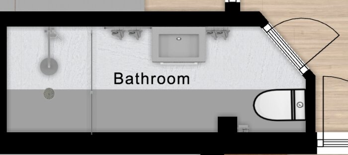 Planlösning av badrum med dusch, toalett, och handfat. Snedtak begränsar inredning. Mörkgrå zon visar snedtakets område mellan 1,2m och 2m i höjd.