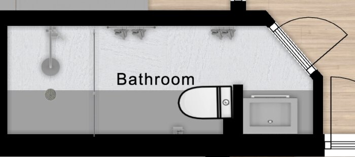 Planlösning av ett avlångt badrum med dusch längst in, toalett i mitten och handfat vid väggen nära dörren, markeringar för snedtak i mörkgrått.