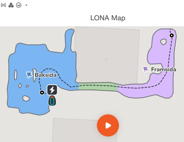 Karta över guidekabel för gräsklippare mellan baksida och framsida av trädgård. Markerade områden i blått och lila visar klipparens rutt.