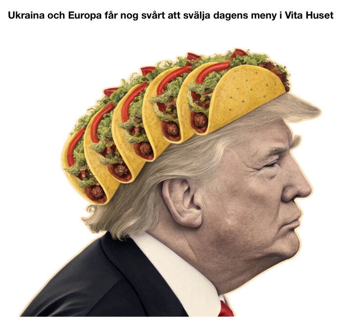 En person med tacos på huvudet som en hatt och texten "Ukraina och Europa får nog svårt att svälja dagens meny i Vita Huset".