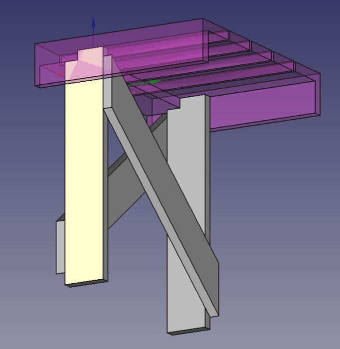 3D-rendering av en konstruktion för bastulav med ben och stödpelare, visad i olika färger för att markera olika delar.