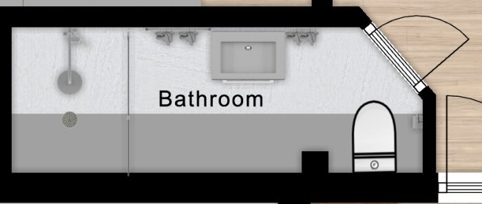 Badrumsplanlösning med toalett, dusch och handfat. Toaletten står till höger nära ett snedtak.