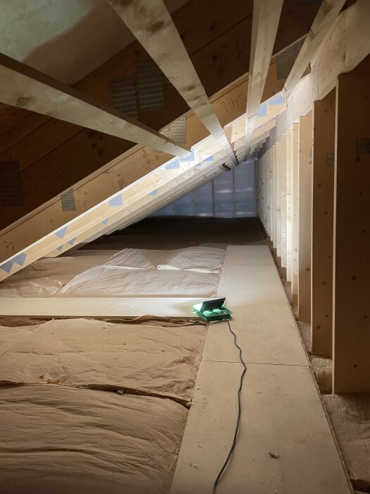 Vind med träkonstruktion och takbelysning, isolering på golvet. "Prickar" synliga på insidan av taket.