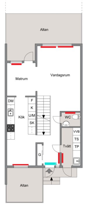 Planritning av entréplan med luftvärmepump (turkos) vid entrén och elradiatorer (röd) i vardagsrum, hall och WC nära kök och tvättstuga.