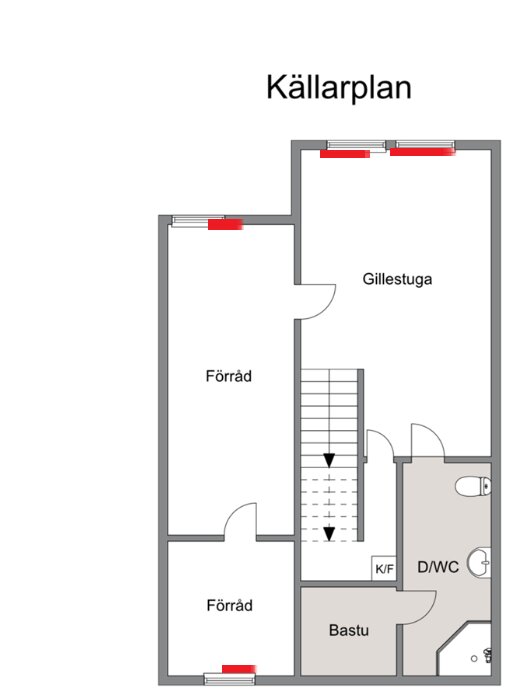 Planritning av källarplan i radhus med två förråd, gillestuga, bastu och D/WC. Röda markeringar visar placering av elradiatorer.