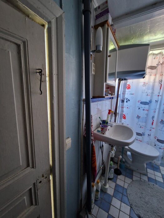 Badrum med gammal dörr, synlig rördragning och handfat med tandborstar, kaklat golv och duschdraperi med kattmotiv.