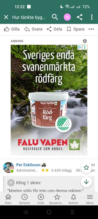 Annonstext med bild av Falu Vapen rödfärg, "Sveriges enda svanenmärkta rödfärg", med naturbakgrund och vattenfall.