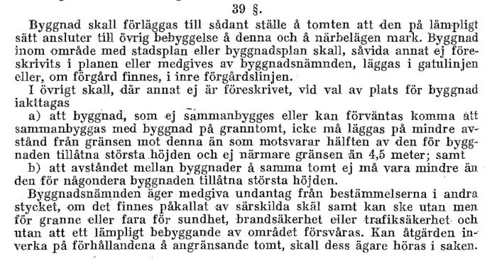 Bild av äldre byggnadsstadga paragraf 39, som beskriver regler för placering av byggnader i förhållande till tomtgränser och andra byggnader.
