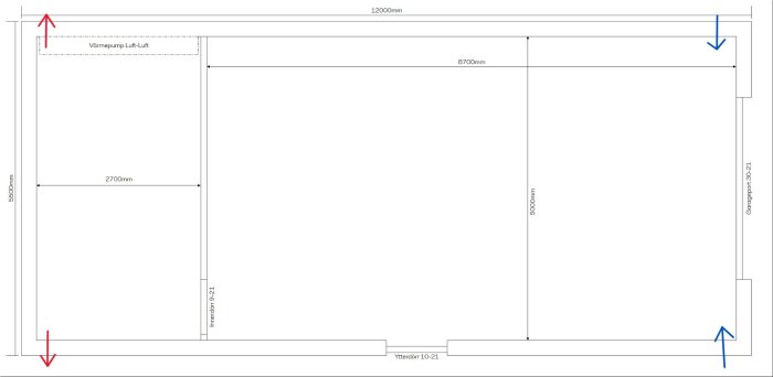 Planskiss med mått för att placera don och värmepump i garage. Pilmarkerade portar och dörrar. Diskussion om värmepumpens placering.