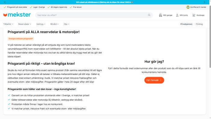 Meksters webbplats som beskriver deras prisgaranti på reservdelar och motorolja, med instruktioner för hur man använder prisgarantin.