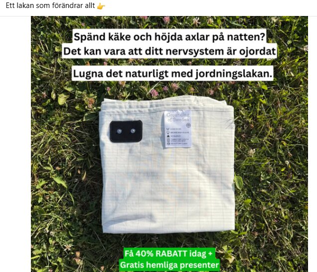 En jordningslakan viks ihop och ligger på gräs med text om att lugna nervsystemet. Rabatt och presentannonsering syns också.