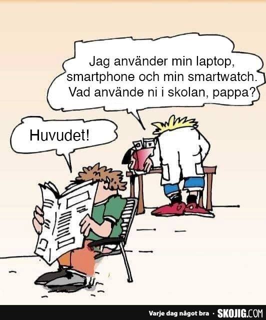 Tecknad bild där ett barn frågar sin pappa om teknik och får svaret att han använde huvudet i skolan, medan pappan läser tidning.