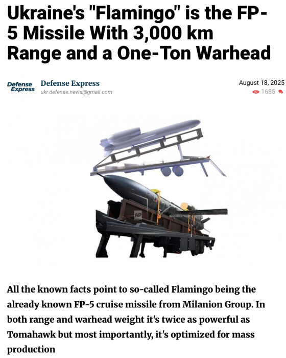 Ukrainsk FP-5 kryssningsmissil "Flamingo" på ett militärt fordon, beskrev som kraftfull med en räckvidd på 3000 km och ett ton stridsspets.