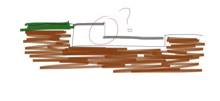 Illustration av tvärsnitt för markstenläggning i två nivåer vid grillplats, med ett markerat område för höjdövergång.