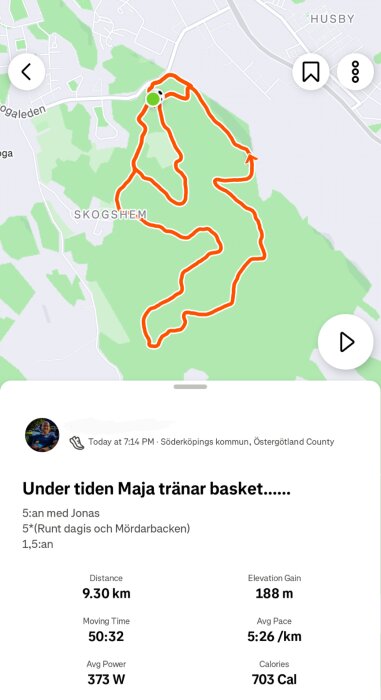 Karta med löprunda i Söderköpings kommun, 9,30 km lång, 50:32 i tid och 188 m i höjd. Visar en slingrande rutt i ett grönmarkerat område.