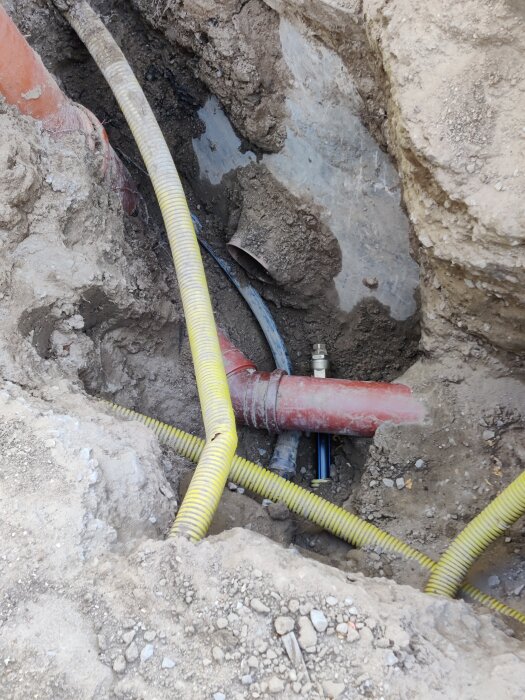 Grävd mark med exponerade rör: röda avloppsrör, gula skyddsrör och vattenrör, del av projekt för att byta inkommande vattenledning.