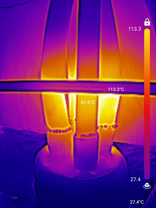 Termisk bild av rörsystem med temperaturer, visar heta och kalla områden för att kontrollera värmefördelning under projektet att byta inkommandevatten.