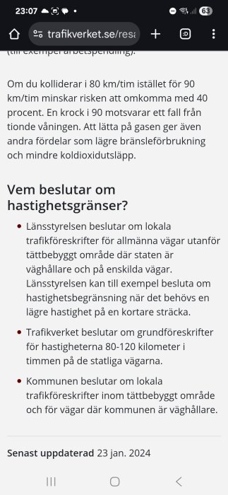 Skärmbild av Trafikverkets webbplats med information om vem som beslutar om hastighetsgränser och riskminskning vid lägre hastighet.