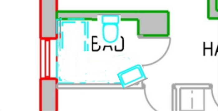 Planritning av badrum, visar toalett och handfat med etikett "BAD".