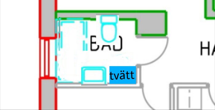 Ritning av ett badrum med dusch och toalett. Rummet märkt "BAD" och "tvätt". Vägger markerade i rött och grönt.