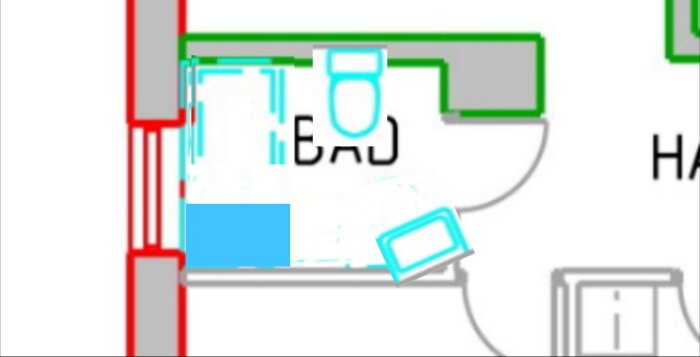 Planritning av ett badrum med toalettstol och badkar, med väggar markerade i grönt och rött.