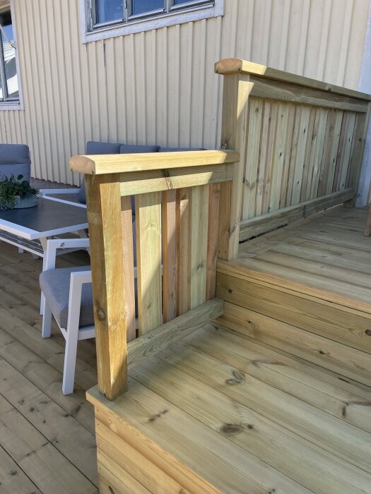 Träaltan med träräcke. Synligt ändträ på handledare. Frågetecken kring gera och skruvning på ovansidan. Möbler i bakgrunden.