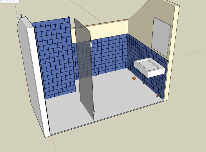 3D-ritning av badrum med blå kakelväggar, handfat, glasvägg, och markeringar för vattenledningar i golvet för renovering.