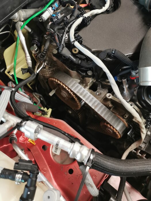 Motorutrymme i en Renault Megane 2020 under kamremsbyte, med synliga remmar, kablar och komponenter i närbild.